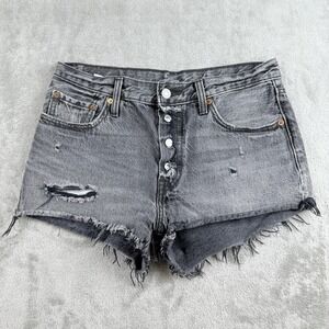 Levis 501 Jeans Shorts‎ Womens 28x2 Faded Black Denim Button Fly Raw Hem Cut Off